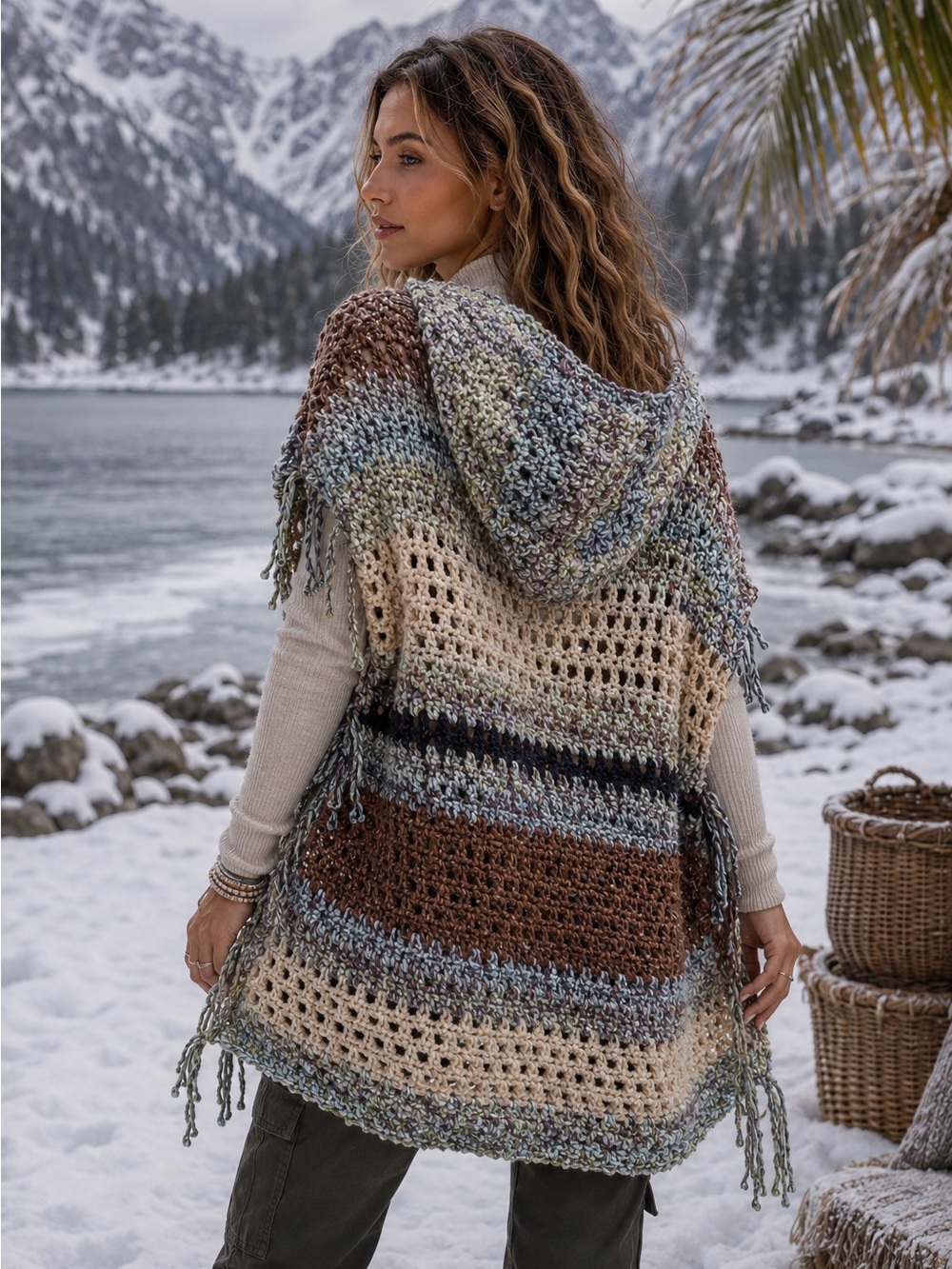HAND CRAFTED One Size Cozy Pullover Sweater Poncho with Hoodie Crochet - Picture 3 of 6